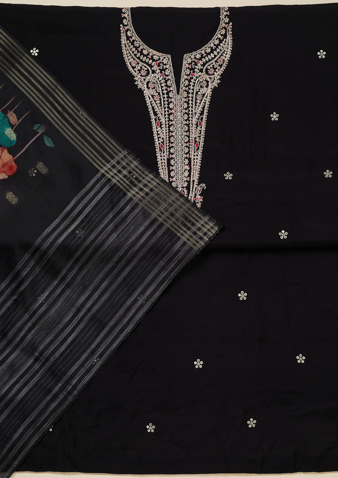Black Zariwork (Gold) Dola Silk Unstitched Salwar Suit