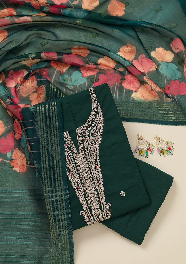 Bottle Green Zariwork (Gold) Dola Silk Unstitched Salwar Suit