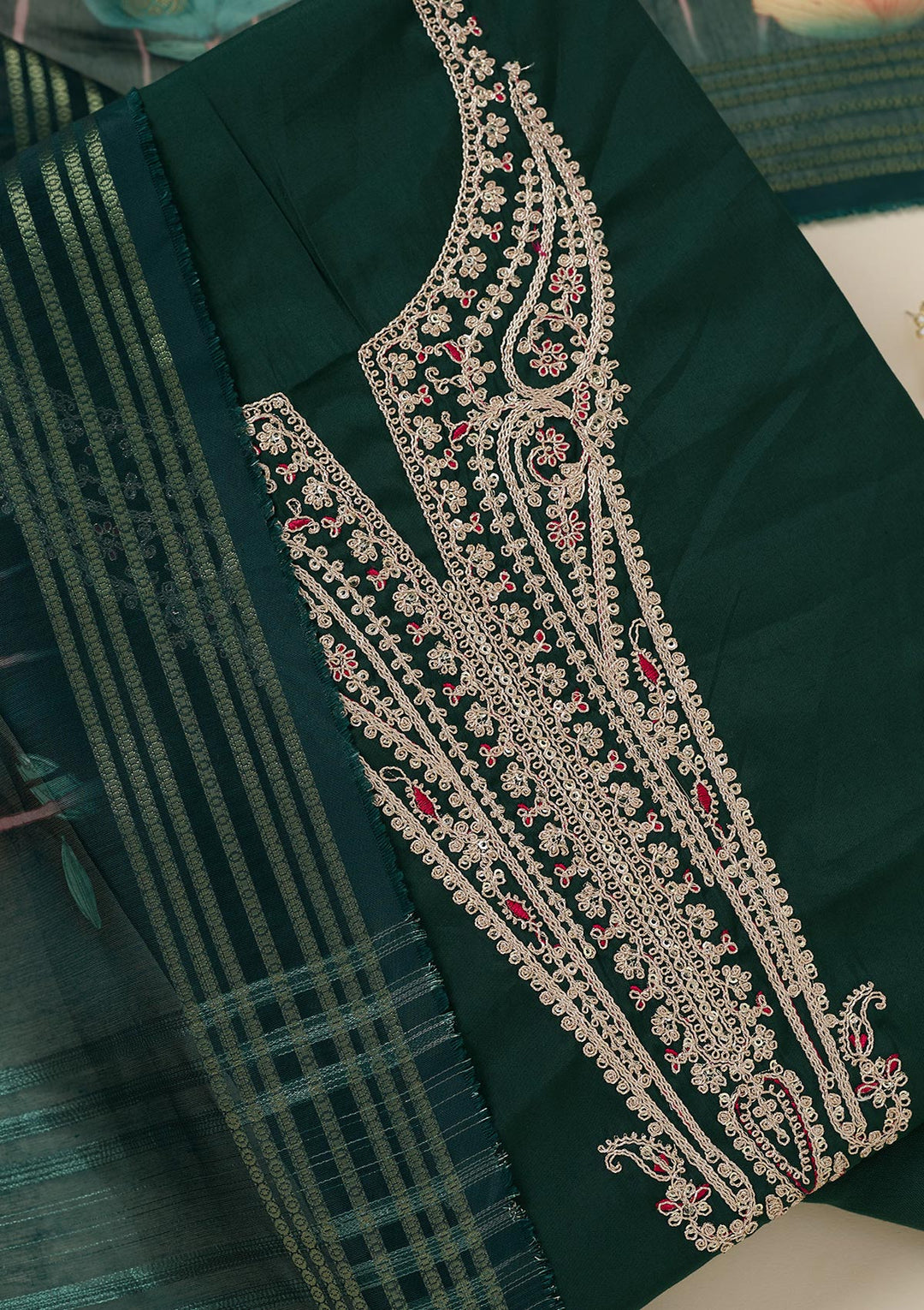 Bottle Green Zariwork (Gold) Dola Silk Unstitched Salwar Suit