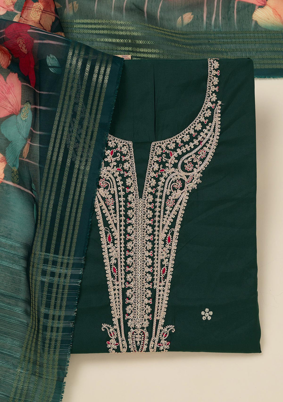 Bottle Green Zariwork (Gold) Dola Silk Unstitched Salwar Suit