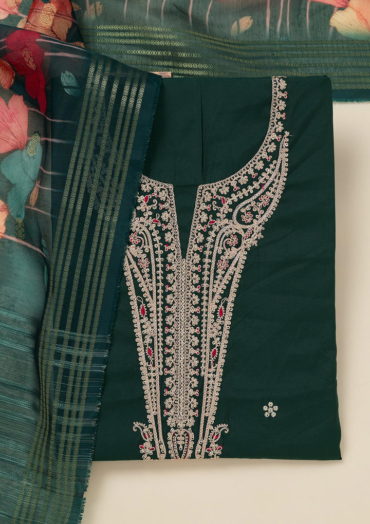 Bottle Green Zariwork (Gold) Dola Silk Unstitched Salwar Suit