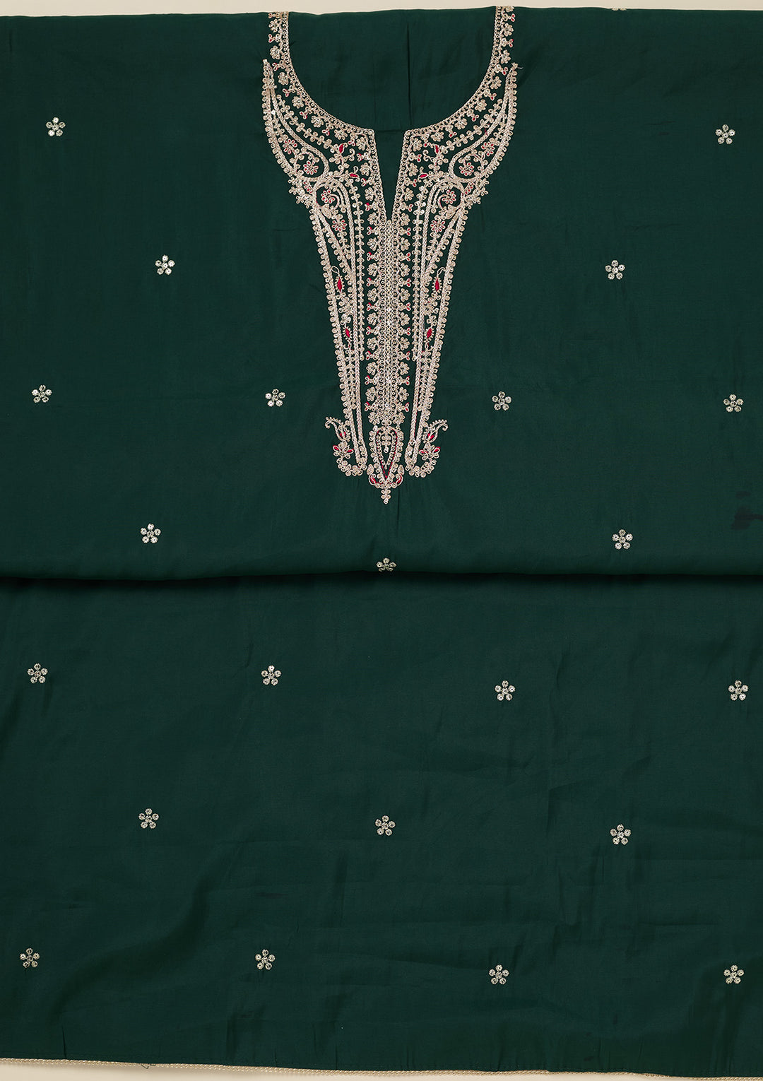 Bottle Green Zariwork (Gold) Dola Silk Unstitched Salwar Suit