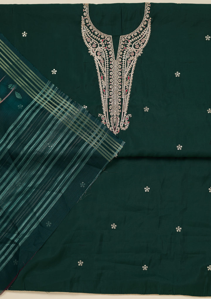 Bottle Green Zariwork (Gold) Dola Silk Unstitched Salwar Suit