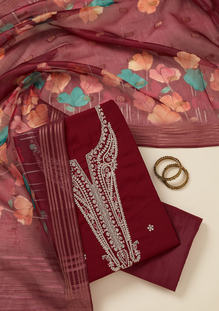 Maroon Zariwork (Gold) Dola Silk Unstitched Salwar Suit