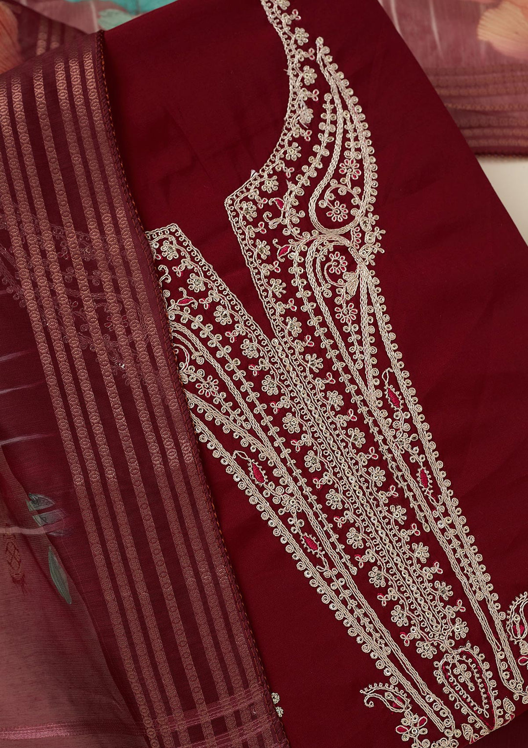 Maroon Zariwork (Gold) Dola Silk Unstitched Salwar Suit