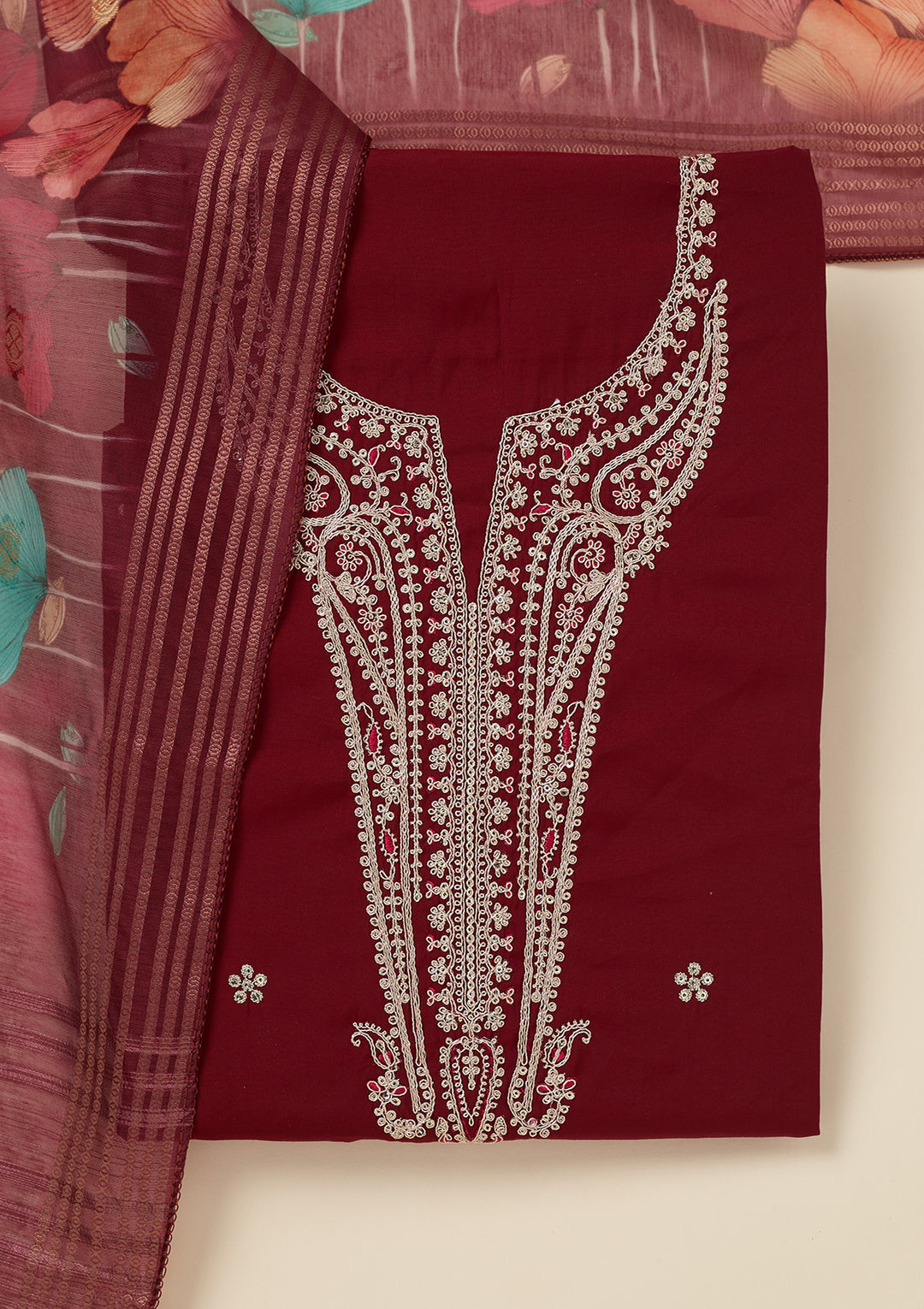 Maroon Zariwork (Gold) Dola Silk Unstitched Salwar Suit