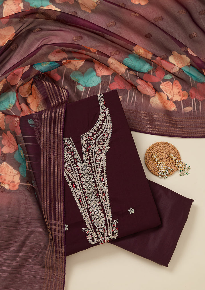 Wine Zariwork (Gold) Dola Silk Unstitched Salwar Suit