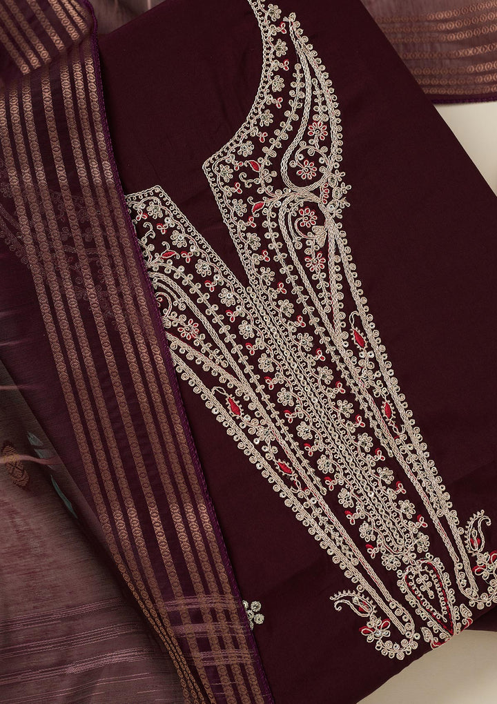 Wine Zariwork (Gold) Dola Silk Unstitched Salwar Suit