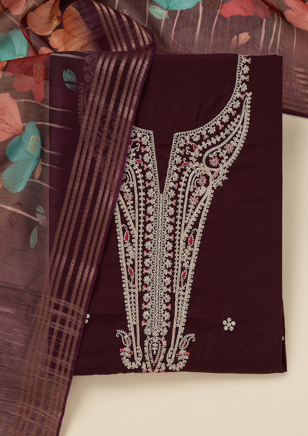 Wine Zariwork (Gold) Dola Silk Unstitched Salwar Suit