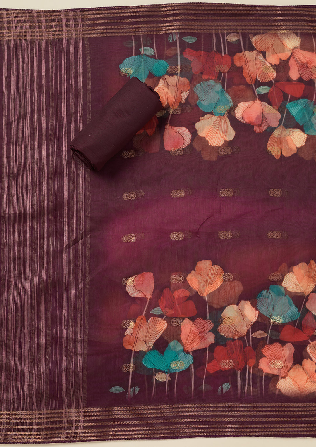 Wine Zariwork (Gold) Dola Silk Unstitched Salwar Suit