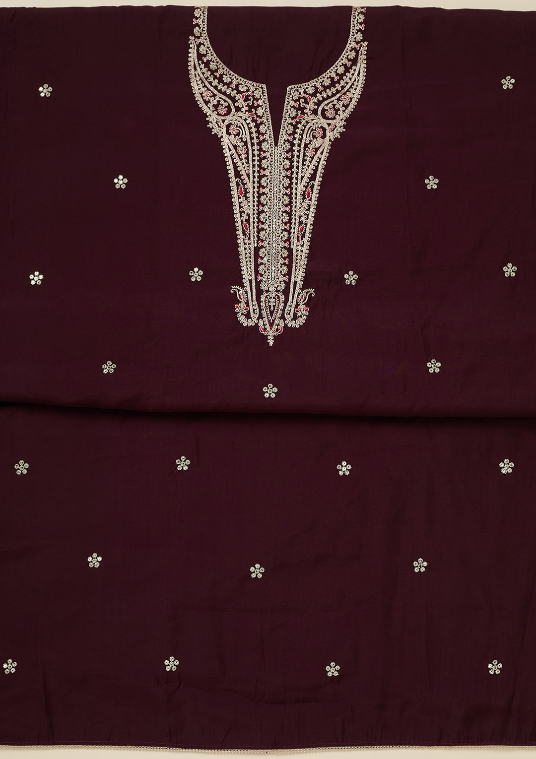 Wine Zariwork (Gold) Dola Silk Unstitched Salwar Suit