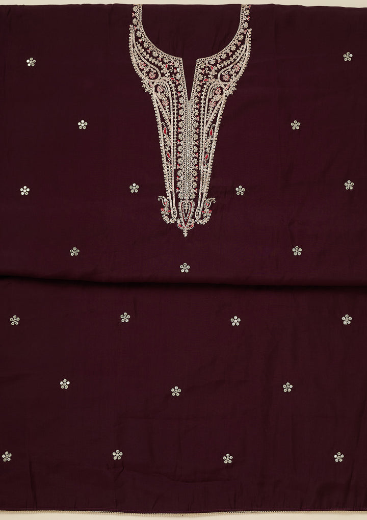 Wine Zariwork (Gold) Dola Silk Unstitched Salwar Suit