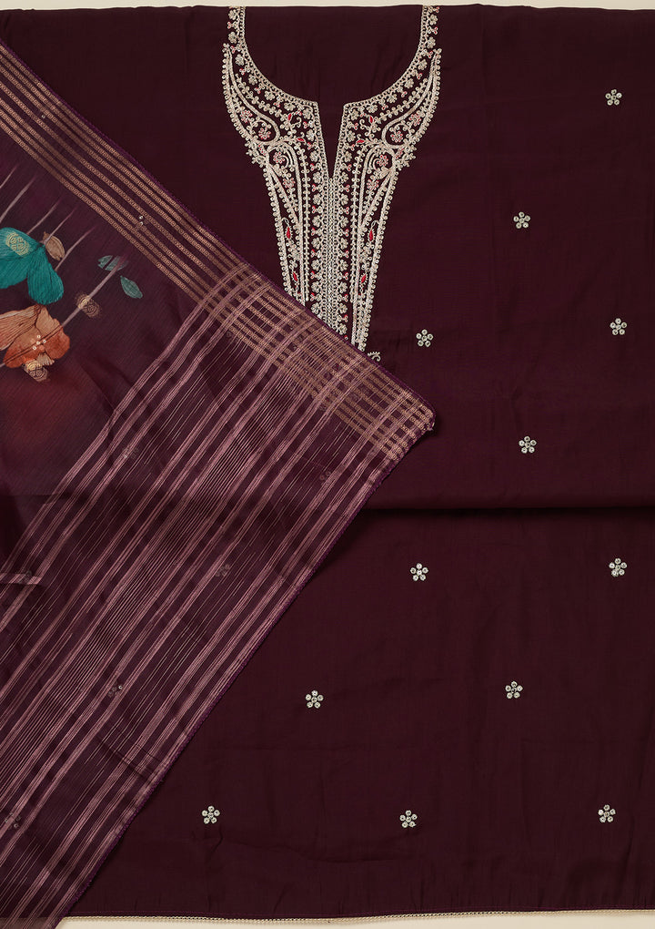 Wine Zariwork (Gold) Dola Silk Unstitched Salwar Suit