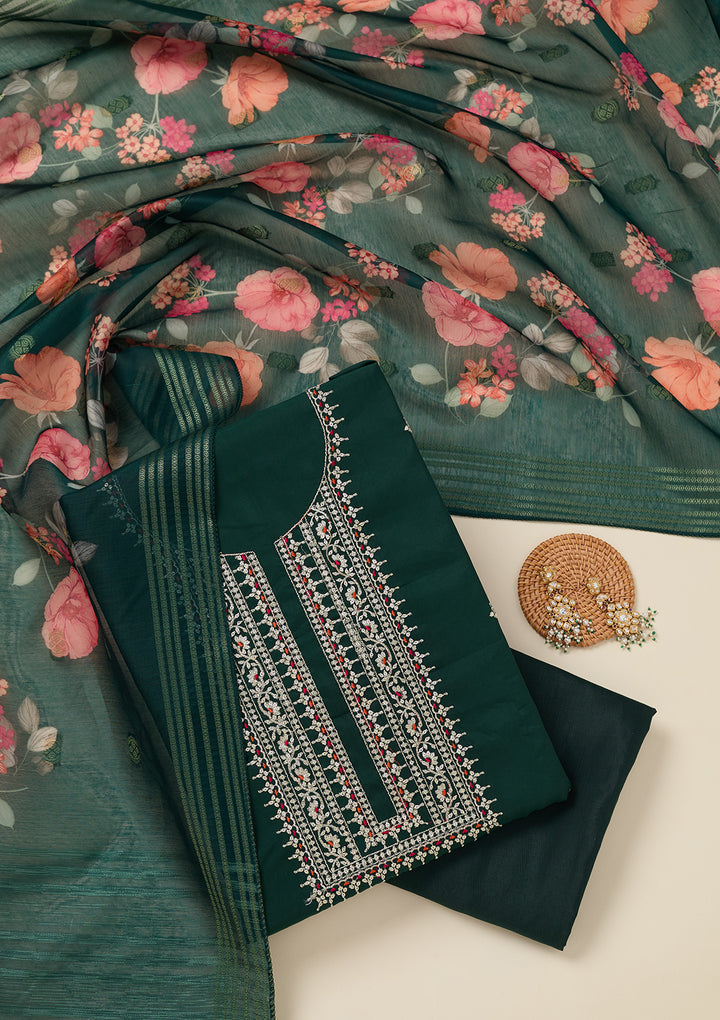 Bottle Green Zariwork (Gold) Dola Silk Unstitched Salwar Suit