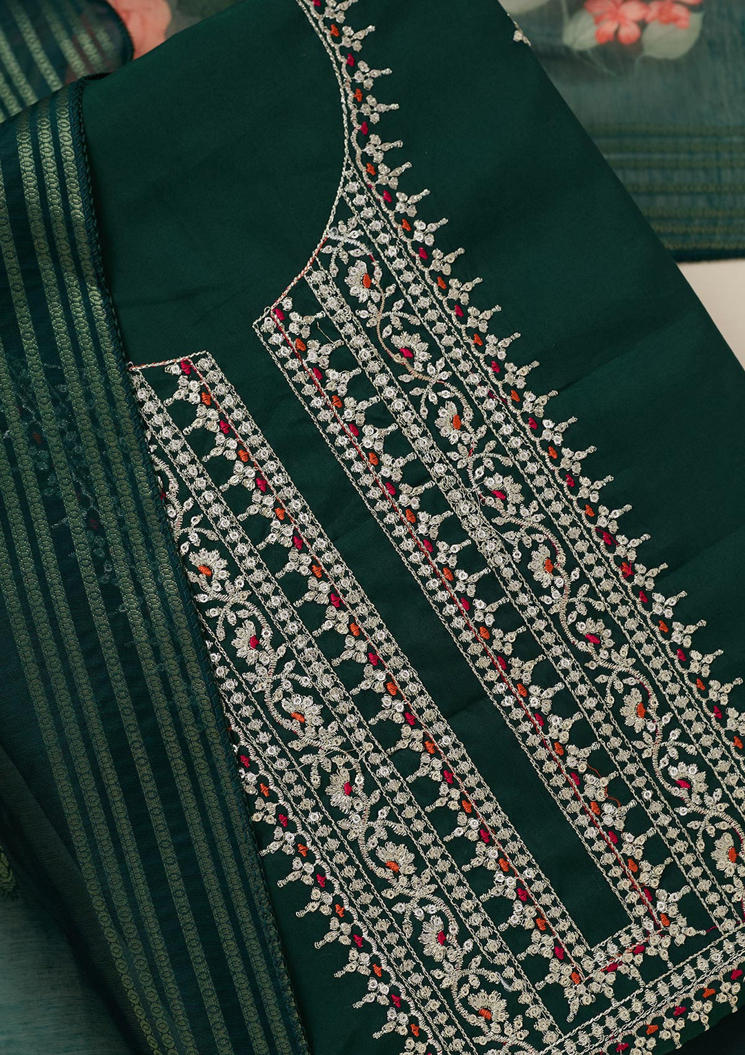 Bottle Green Zariwork (Gold) Dola Silk Unstitched Salwar Suit
