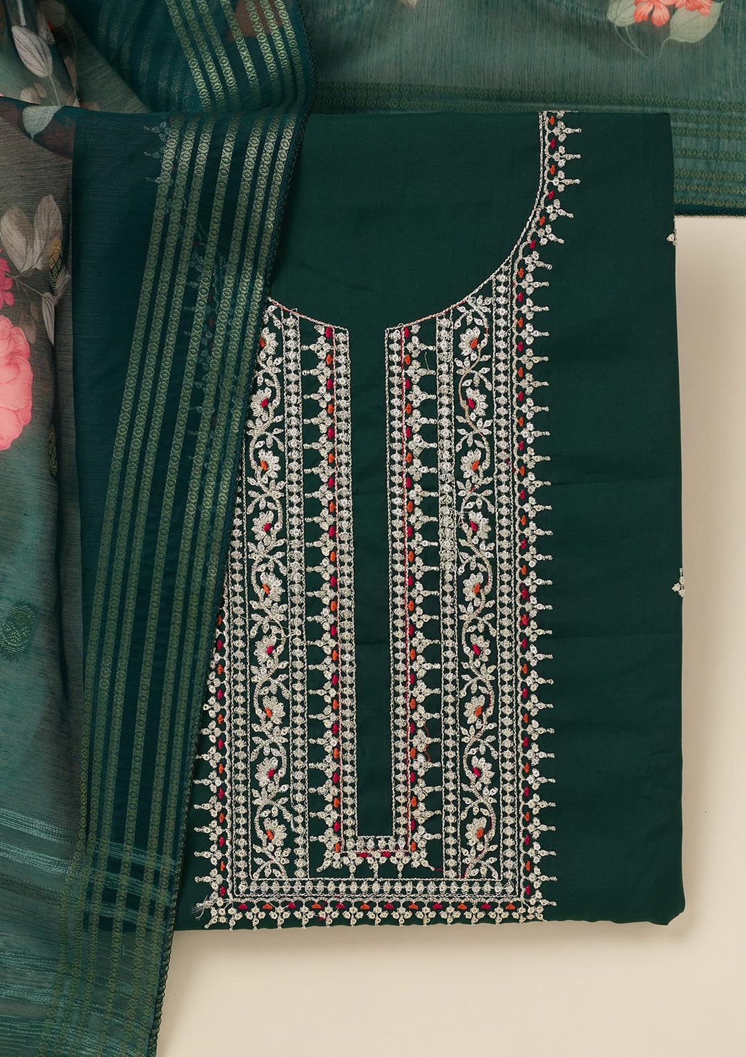 Bottle Green Zariwork (Gold) Dola Silk Unstitched Salwar Suit