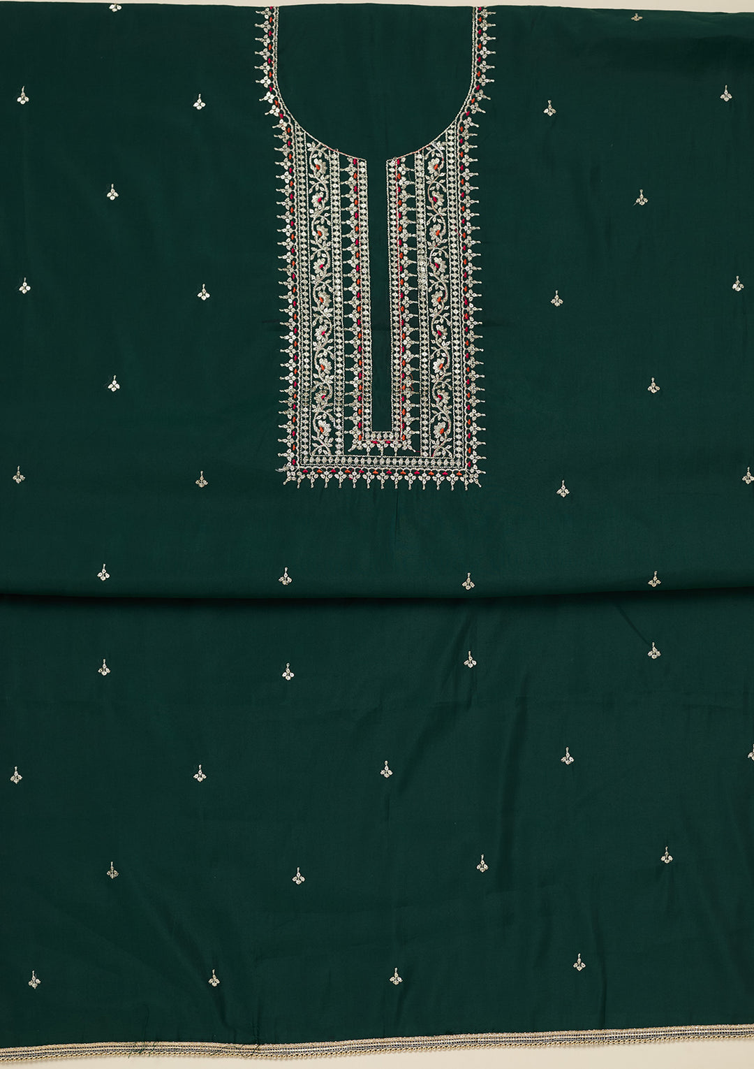 Bottle Green Zariwork (Gold) Dola Silk Unstitched Salwar Suit