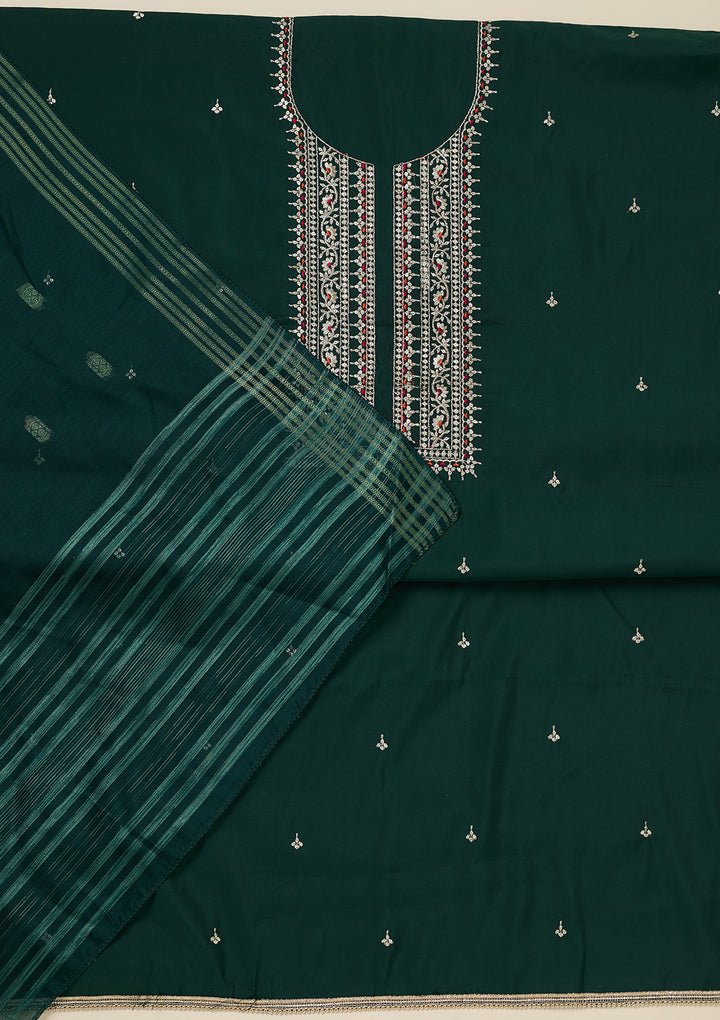 Bottle Green Zariwork (Gold) Dola Silk Unstitched Salwar Suit
