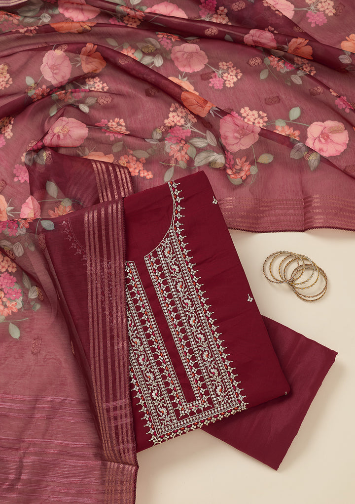 Maroon Zariwork (Gold) Dola Silk Unstitched Salwar Suit
