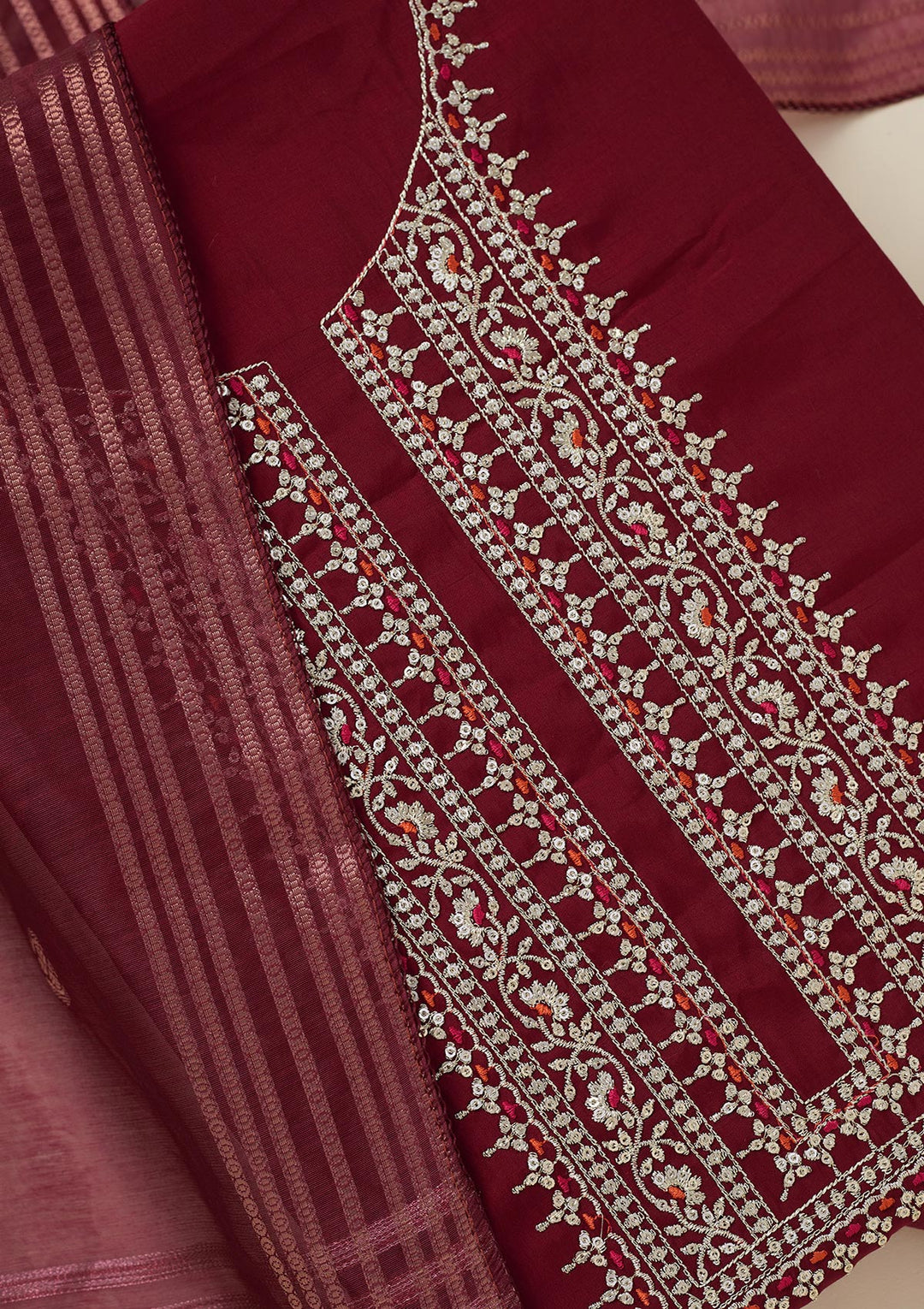 Maroon Zariwork (Gold) Dola Silk Unstitched Salwar Suit