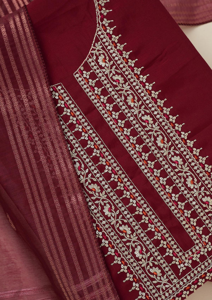 Maroon Zariwork (Gold) Dola Silk Unstitched Salwar Suit