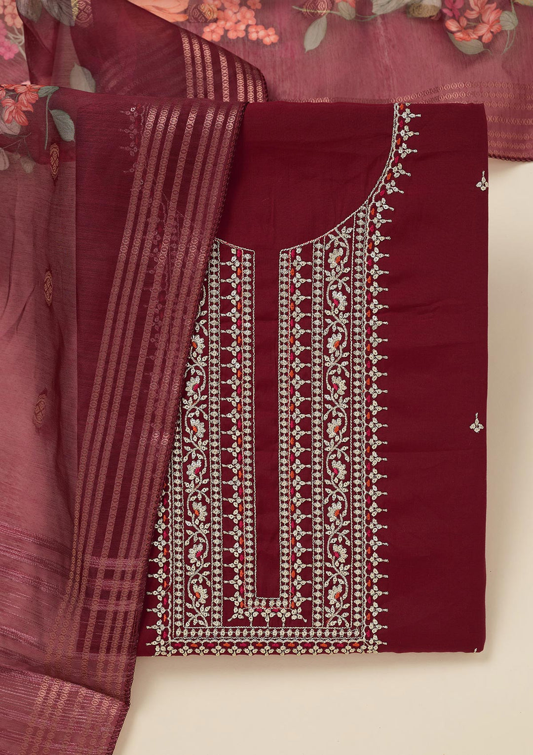 Maroon Zariwork (Gold) Dola Silk Unstitched Salwar Suit