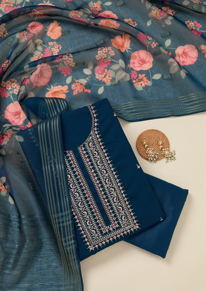 Peacock Blue Zariwork (Gold) Dola Silk Unstitched Salwar Suit