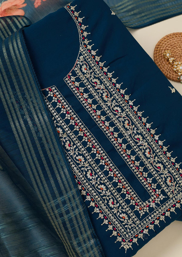 Peacock Blue Zariwork (Gold) Dola Silk Unstitched Salwar Suit