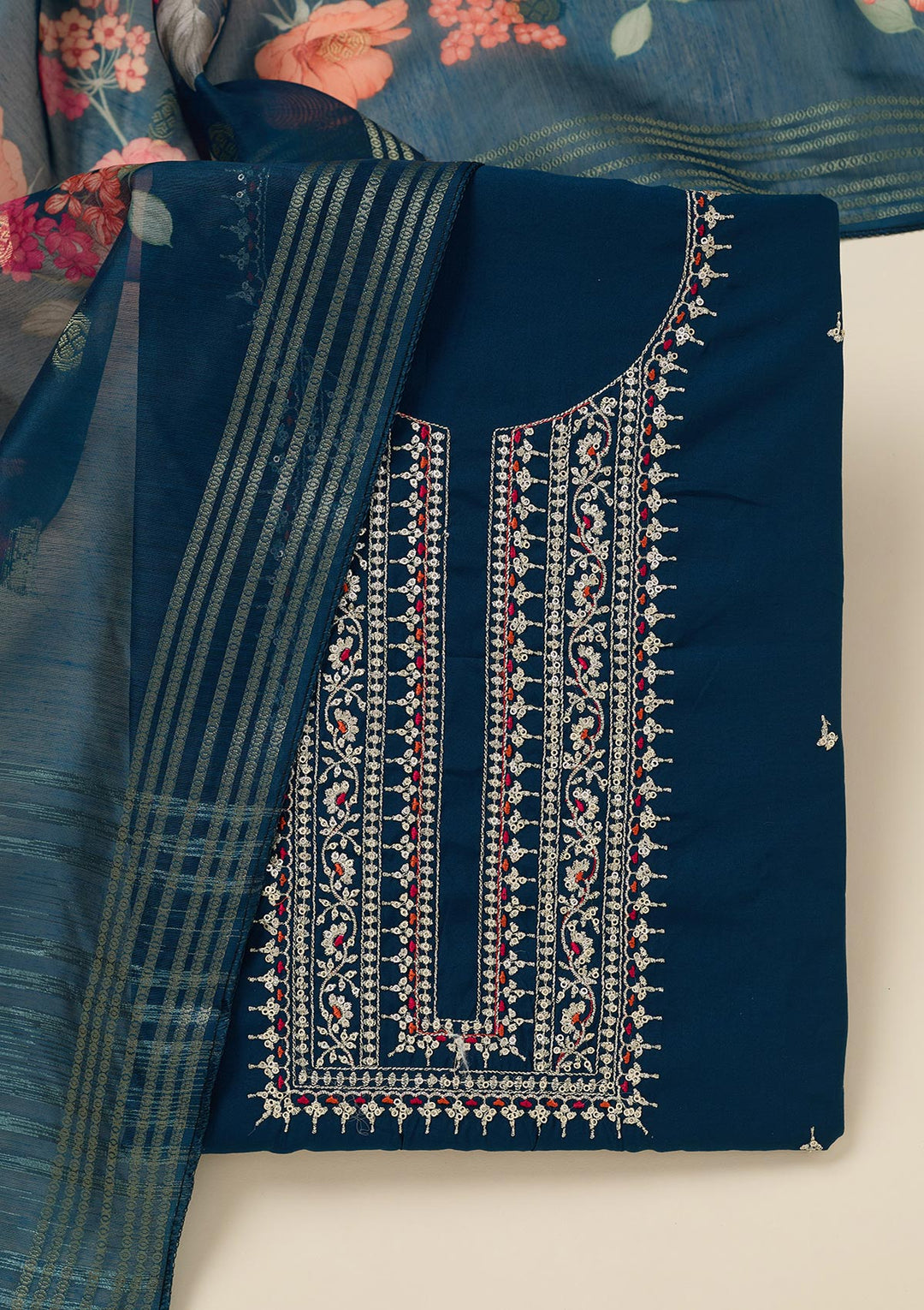 Peacock Blue Zariwork (Gold) Dola Silk Unstitched Salwar Suit