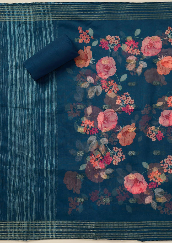 Peacock Blue Zariwork (Gold) Dola Silk Unstitched Salwar Suit