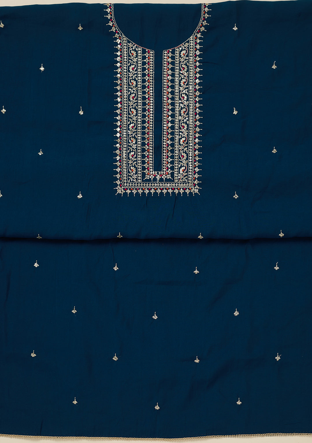 Peacock Blue Zariwork (Gold) Dola Silk Unstitched Salwar Suit