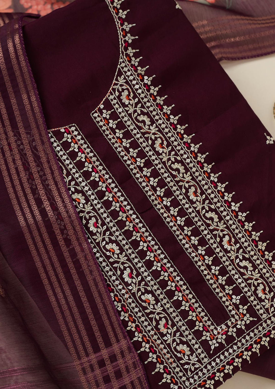 Wine Zariwork (Gold) Dola Silk Unstitched Salwar Suit