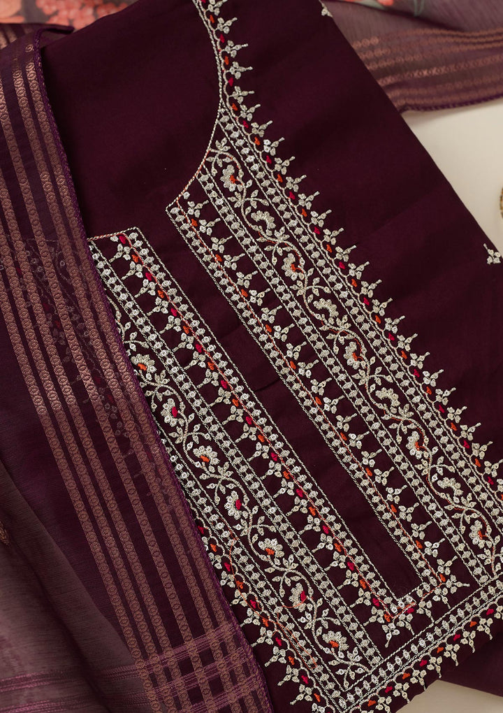 Wine Zariwork (Gold) Dola Silk Unstitched Salwar Suit