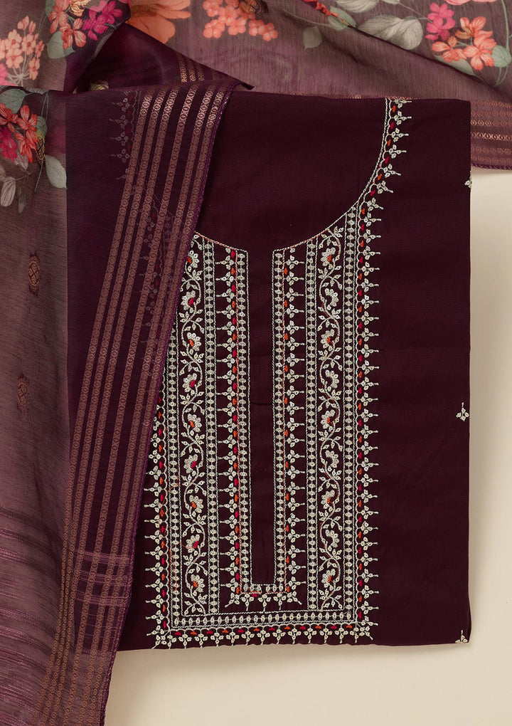 Wine Zariwork (Gold) Dola Silk Unstitched Salwar Suit