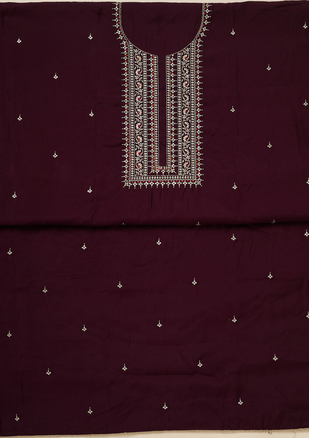 Wine Zariwork (Gold) Dola Silk Unstitched Salwar Suit