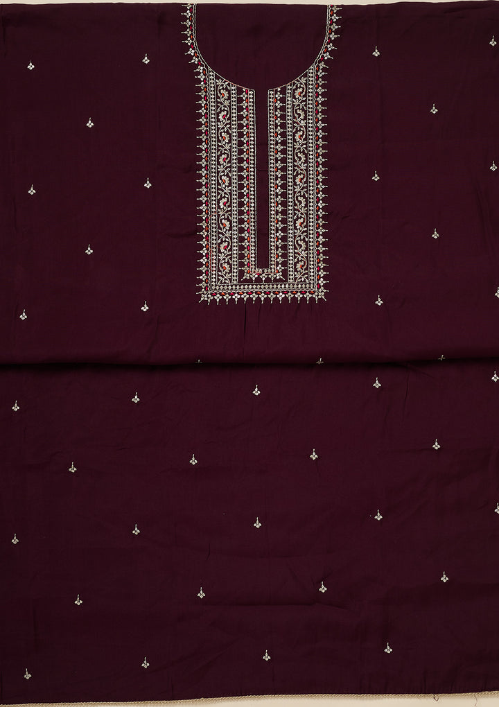 Wine Zariwork (Gold) Dola Silk Unstitched Salwar Suit
