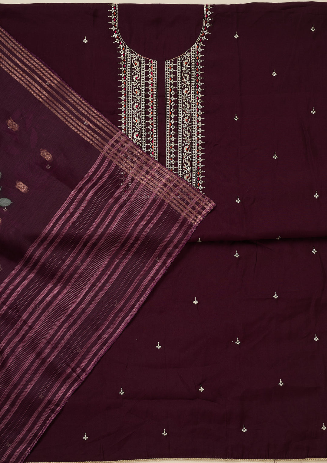 Wine Zariwork (Gold) Dola Silk Unstitched Salwar Suit