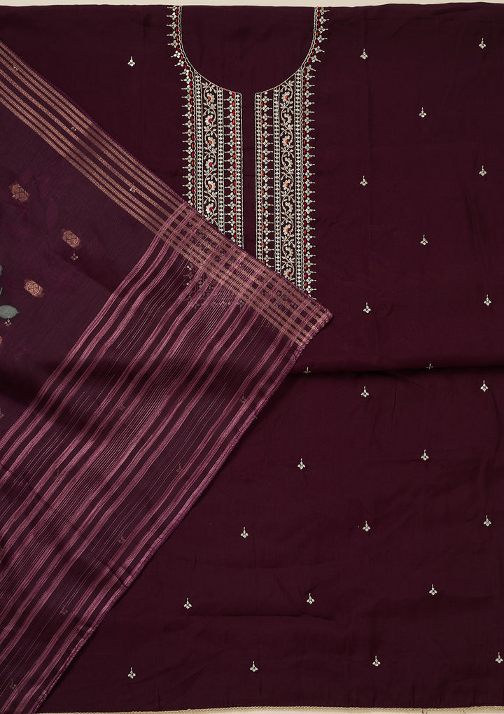 Wine Zariwork (Gold) Dola Silk Unstitched Salwar Suit