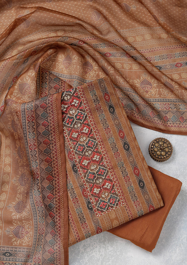Brown Threadwork Chanderi Unstitched Salwar Suit