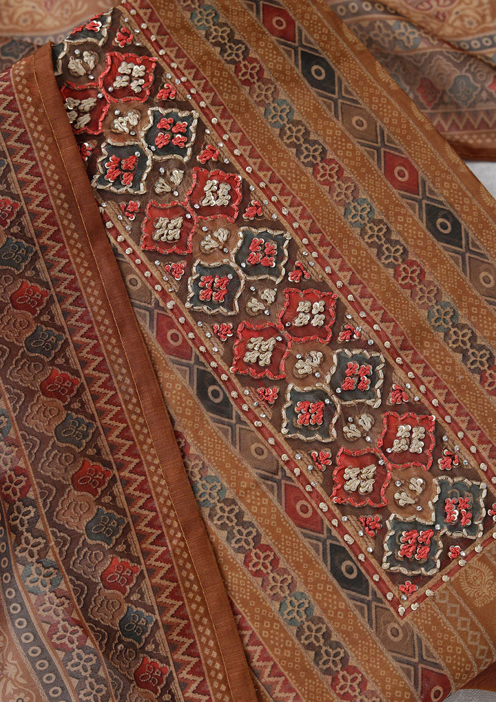 Brown Threadwork Chanderi Unstitched Salwar Suit