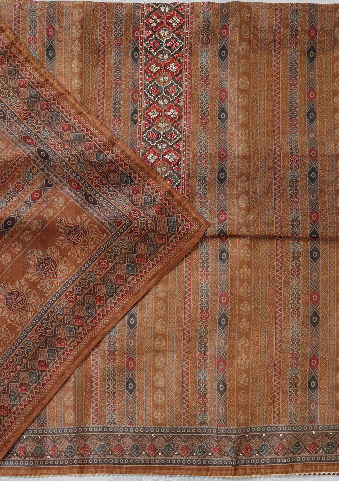 Brown Threadwork Chanderi Unstitched Salwar Suit