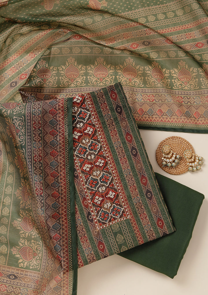 Green Threadwork Chanderi Unstitched Salwar Suit