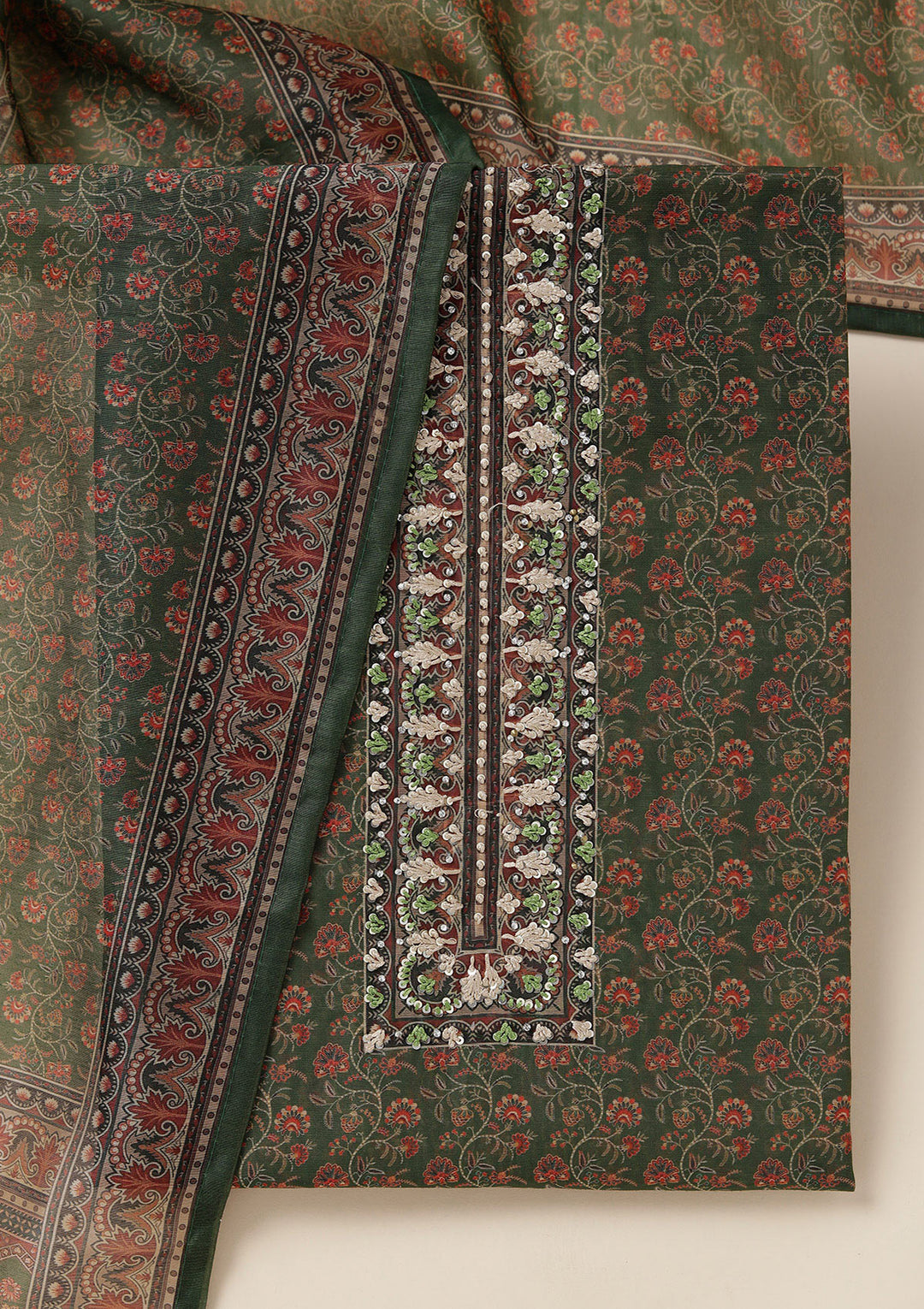 Leaf Green Threadwork Chanderi Unstitched Salwar Suit