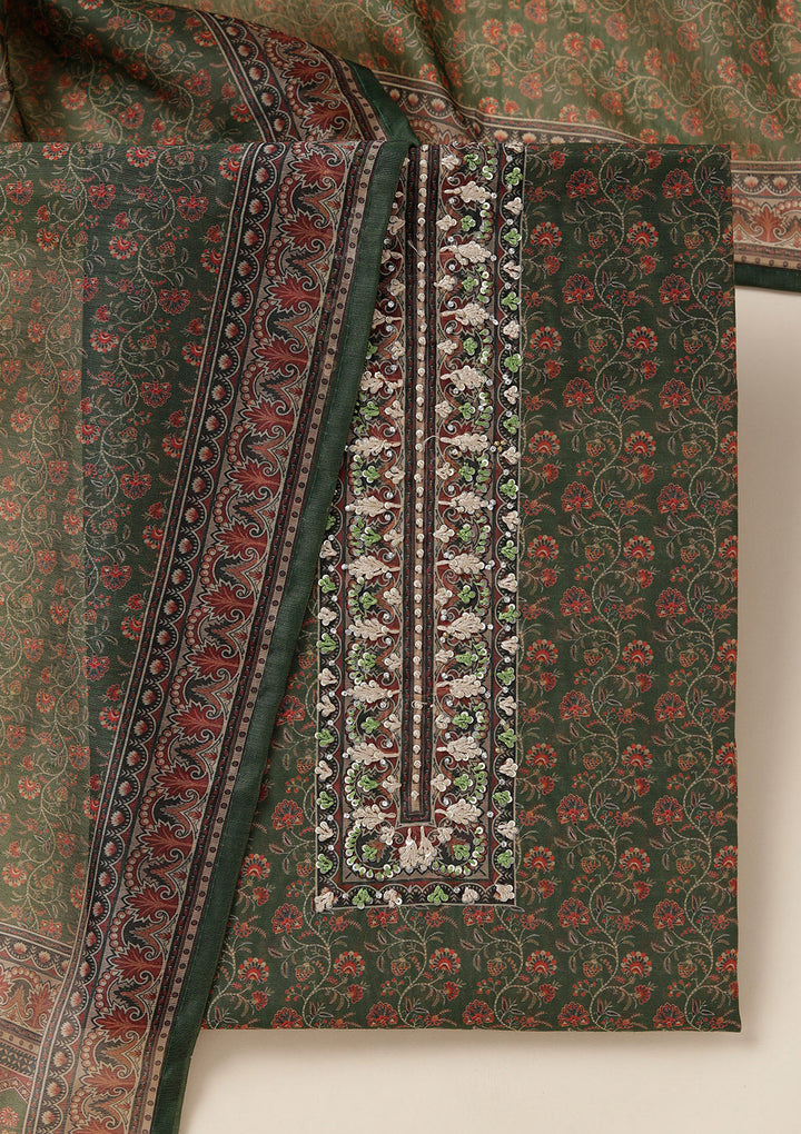 Leaf Green Threadwork Chanderi Unstitched Salwar Suit