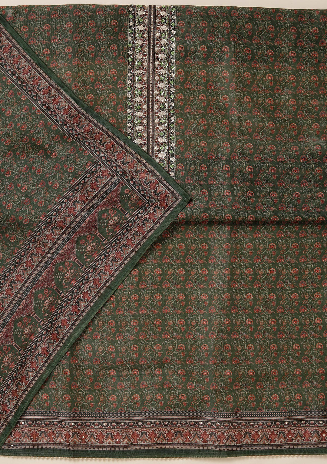 Leaf Green Threadwork Chanderi Unstitched Salwar Suit