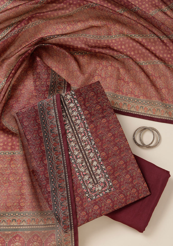 Wine Threadwork Chanderi Unstitched Salwar Suit