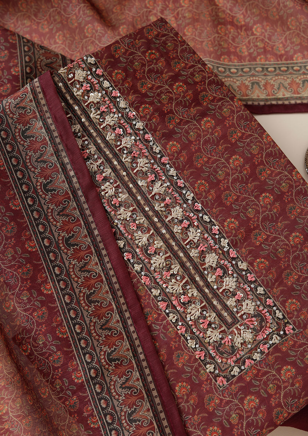 Wine Threadwork Chanderi Unstitched Salwar Suit