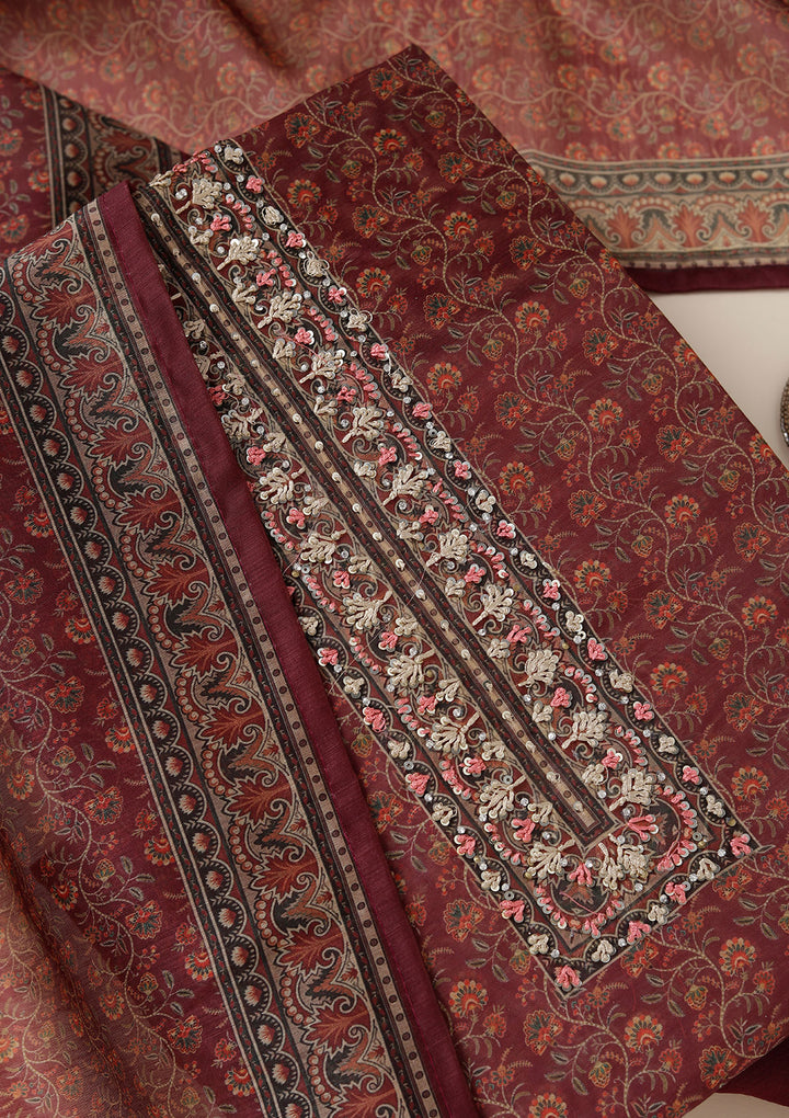 Wine Threadwork Chanderi Unstitched Salwar Suit