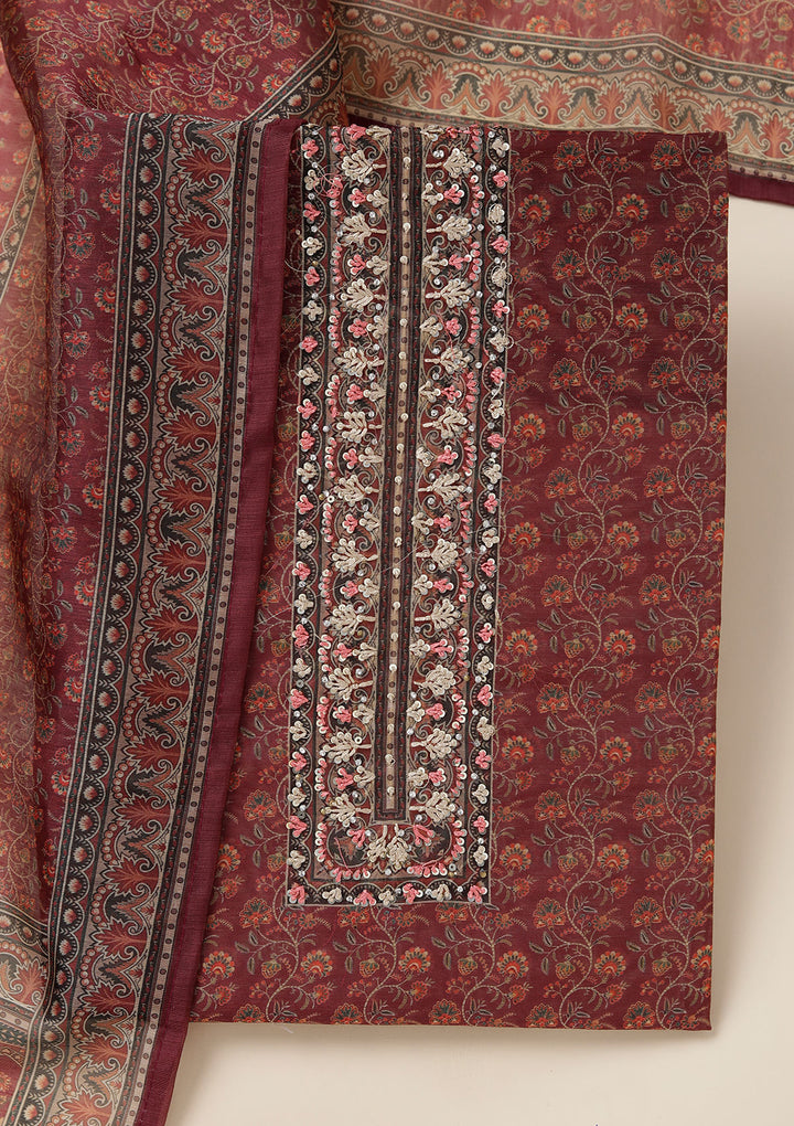 Wine Threadwork Chanderi Unstitched Salwar Suit