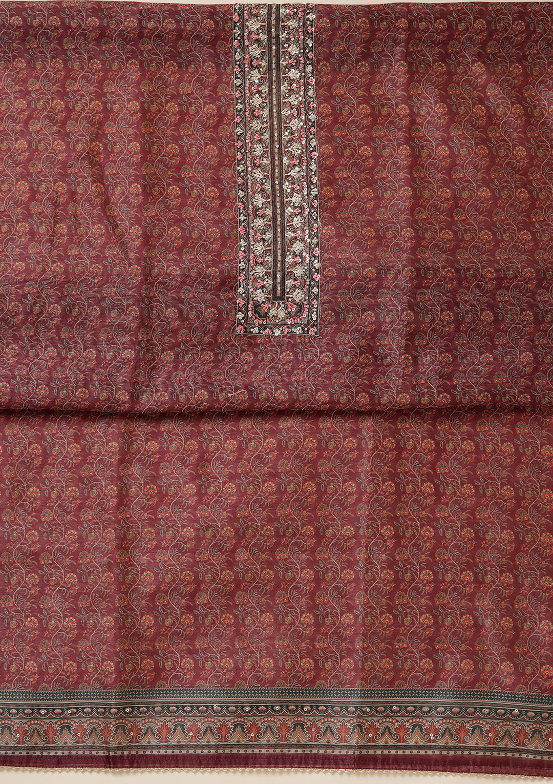 Wine Threadwork Chanderi Unstitched Salwar Suit